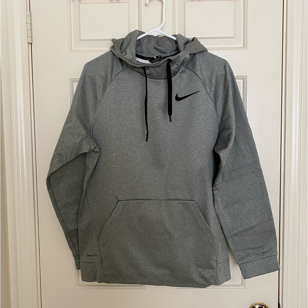 Nike Hoodie Mens M Gray Dri Fit Sweatshirt Embroidered Logo Active
